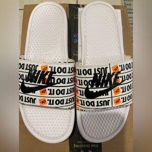 Nike Just Do It Slide Sandals - White, Black, and Orange
